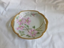 2 SMALL ANTIQUE HANDPAINTED PINK FLOWERS DISH WITH LITTLE CUTOUT HANDLES picture