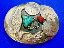 Eagle Buffalo Nickel Native Indian Head Coin Turquoise Coral Signed Belt Buckle picture
