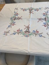 Vintage Dutch Windmill Tulip Embroidered Cotton Tablecloth 50.5” Square picture