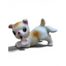 Vintage 1950s Porcelain Playful Puppy Dog Figurine Pink Flower in Mouth Kitsch picture