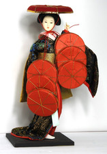 Vintage 12 in. Japanese Geisha Doll Nishi Kabuki Seven Hats Dance Silk Brocade picture