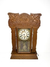 Antique Impressive Antique Ingraham 8 Day Press Carved Oak Clock & Key Untested picture