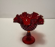 Vintage Fenton Ruffled Red Glass Hobnail Goblet 6.5