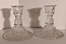 Vintage Duncan Miller Sandwich Glass Candlestick Holders Clear Pressed Pair picture