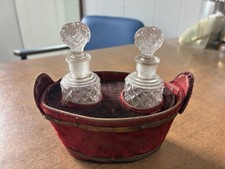Antique/ Vintage Velvet Basket W/2 Hobnail Glass Perfume Bottles W/Stoppers picture