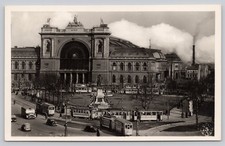 Budapest Keleti Pályaudvar RPPC Postcard 1930s Hungary Train Station Trams picture