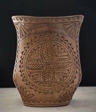 Vtg Yugoslavia Hand Carved Wood Wedding Cup Balkan Folk Art Shepherds Vase 4” picture