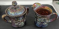 Imperial Carnival Glass Amethyst’s Open Rose Covered Sugar Bowl & Creamer New picture