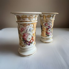 2 Antique Coalport Spill Vases, Polychrome Botanical & Gilt Decoration 5” C1810 picture