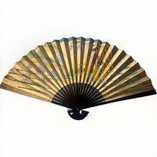 Vintage Oversized Japanese Style Gold Folding Wall Fan Geisha Hand Painted Decor picture