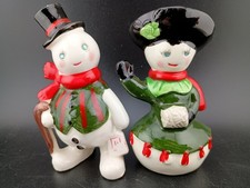 Vintage Kreiss Mr & Mrs Snowman Salt Pepper Shakers Japan Ceramic Christmas MCM picture