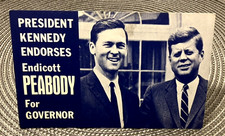 Vintage 1962 JFK+Endicott Peabody for Massachusetts Governor Campaign Palm Card. picture