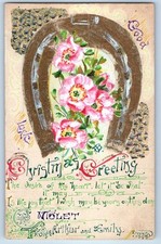 c1905 Christmas Greeting Horseshoe And Pink Flowers Hand Drawn Art Postcard picture