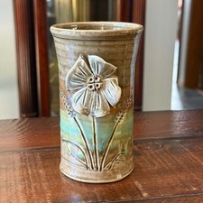 Studio Art Pottery Vase Signed JM Applied Flower 3D Turquoise Brown Stoneware 6