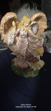 Vintage Guardian Angel Figurine Resin Statue Pink Gown Child Flowers Large Wings picture