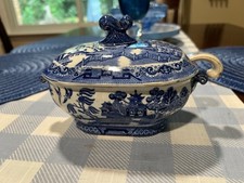 Antique 1800’s 3 pc Staffordshire Blue Willow Mini Covered Tureen Ladel picture