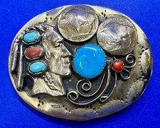 Indian Chief Buffalo Nickel Coin's Turquoise & Red Coral Artisan Belt Buckle picture