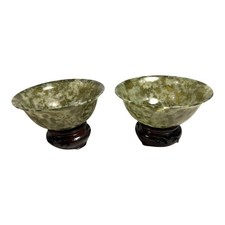 Vintage Set of Two 2 Spinach Jade Bowls from China in Presentation Box picture