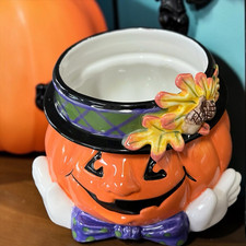 Fitz & Floyd Essentials Halloween Pumpkin Candy Bowl Candle Jack-O-Lantern VTG picture
