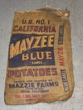 VTG California Mayzee Blue Label Potatoes Burlap Bag 100 lbs Gunny Sack Antique picture