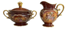 ANTIQUE PT BAVARIA TIRSCHENREUTH SUGAR & CREAMER COURTING COUPLE BROWN GOLD GILT picture
