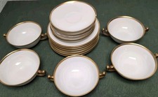 VIGNAUD Limoges France Porcelain 5 Bouillon Bowls Gold Handles & 11 Plates picture