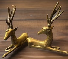 Vtg Leonard Solid Brass Deer Bookends Set Reclining Stag Hollywood Regency MCM picture
