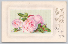 Postcard 1913 Pink Roses Floral Accept All Good Wishes Embossed picture