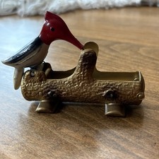 VTG 1950s Cast Iron Woodpecker On Log Toothpick Dispenser 4x3x2 Home Decor picture