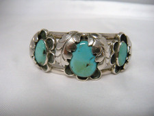B TOUCHINE Native American Oval Turquoise Sterling Silver Cuff Bracelet Vintage picture