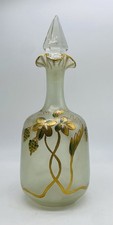 Tall Art Nouveau Bohemian HARRACH Frosted Glass Cruet Vase Gold Floral Enamel picture