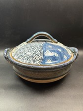 Japanese Donabe Clay Cooking Pot with Lid Art Pottery Dish Blue White Design picture
