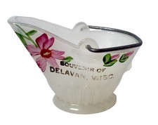 DELAVAN WI WISCONSIN  Souvenir ANTIQUE Glass WHITE MILK TRINKET COAL BUCKET picture