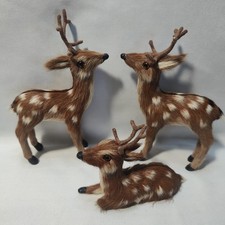 Set Of 3 Vintage Spotted White Tail Deer Figurines, Real Fur & Glass Eyes, ~9” picture