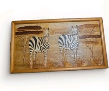Vintage African Banana Leaf Mosaic Art Framed Zebra Folk Art Mid Century Kenya picture