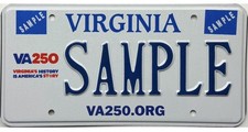 *SAMPLE SALE*  Virginia 250 YEARS Sample License Plate picture