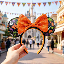 Disney-Parks 2025 Halloween Glow In The Dark Pumpkins Minnie Mouse Ears Headband picture
