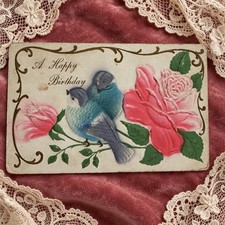 Antique Birthday Postcard Bluebirds Pink Roses Embossed Germany c1910 picture