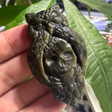Natural Gold Obsidian Hand Carved Owl Quartz Skull Crystal Reiki Healing 1PC picture