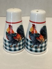 Rooster Chicken Ceramic Salt Pepper Shakers Blue White Check Design Farmhouse  picture