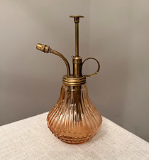 Vintage Pink Ribbed Glass Plant Spritzer Bottle with Brass Metal Pump Sprayer picture