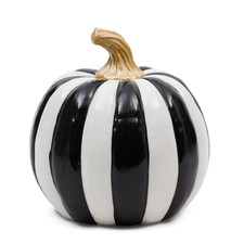 BECKI OWENS Black & White Striped Resin Pumpkin Fall Home Decor Gold Stem  New picture