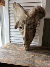 Vintage African Hand Carved Heavy Hardwood Tribal Mask Horned Baule Guro 17” picture