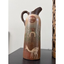 Vintage Peruvian Pottery Pitcher Hand Painted Sgraffito Llama Sun Folk Art 8.5