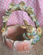 Vintage Spring Easter Basket w/Bunny Rabbit, Spring Flowers, Ribbon & Bows picture