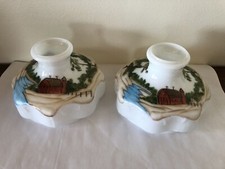 VTG Set Of 2- 10” Oil Lamp Shades- Red Barn Design- By Davis-Lynch Glass USA picture