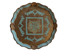 Vintage Italian Florentine Wood Tray Turquoise Gold Gilt Scalloped 15