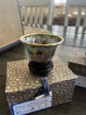 4 Vintage Chinese Plique-a-jour Enamel Cloissone Miniature Cup Bowls w/Stand picture