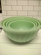 Vtg Anchor Hocking Fire King Jadeite Set of 4 Nested Swirl Pattern Mixing Bowls picture