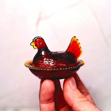 Indiana Style Glass Mini Hen On Nest Chicken Salt Dish, Red Amberina, VTG Style picture